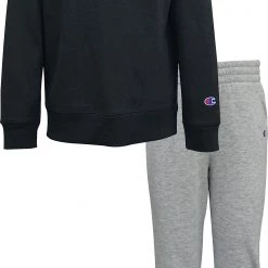 Champion Kids' Signature Fleece Crew Set For Girls' Black/oxford Heather