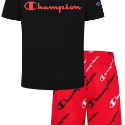 Champion Boys' Classic Script Short Sleeve Set For Boys' Black/scarlet
