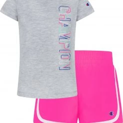 Champion Girls' Wordmark T-Shirt And Shorts Set For Girls' Oxford/knockout Pink