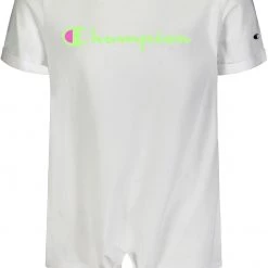 Champion Little Girls' Classic Script Tie Front T-Shirt For Girls' White/neon Kiwi