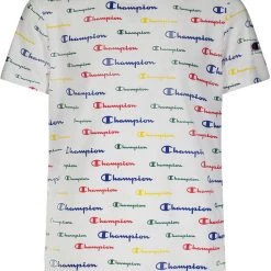 Champion Boys' AOP Multi-Color Script Short Sleeve T-Shirt For Boys' White