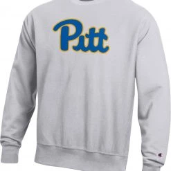 Champion Men's Pitt Panthers Grey Reverse Weave Crew Sweatshirt For Men