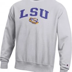 Champion Men's LSU Tigers Grey Reverse Weave Crew Sweatshirt For Men