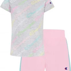 Champion Girls' All Over Print T-Shirt And Woven Shorts Set For Girls' White/arube Blue