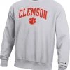 Champion Men's Clemson Tigers Grey Reverse Weave Crew Sweatshirt For Men