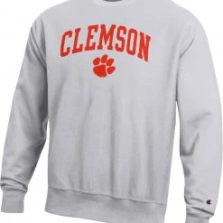 Champion Men's Clemson Tigers Grey Reverse Weave Crew Sweatshirt For Men