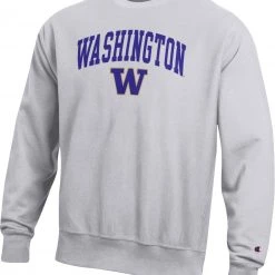 Champion Men's Washington Huskies Grey Reverse Weave Crew Sweatshirt For Men