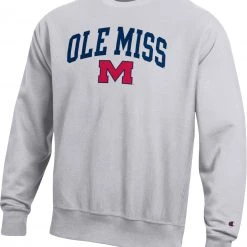 Champion Men's Ole Miss Rebels Grey Reverse Weave Crew Sweatshirt For Men