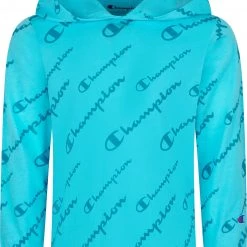 Champion Boys' Allover Print Script Long Sleeve Hoodie Set For Boys' Blue Seaglass/black