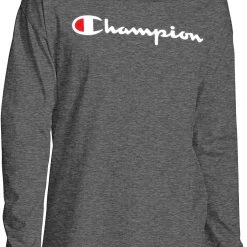 Champion Men's Classic Jersey Script Logo Graphic Long Sleeve Shirt For Men Granite Heather