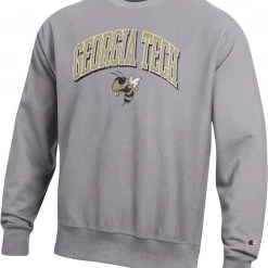 Champion Men's Georgia Tech Yellow Jackets Grey Reverse Weave Crew Pullover Sweatshirt For Men