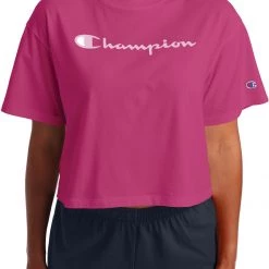 Champion Women's Cropped Script Logo Short Sleeve T-Shirt For Women Oxford Grey