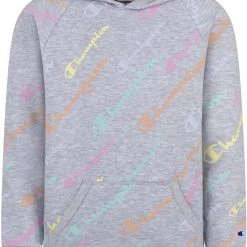 Champion Girls' AOP Multi Script Hoodie For Girls' Oxford Heather